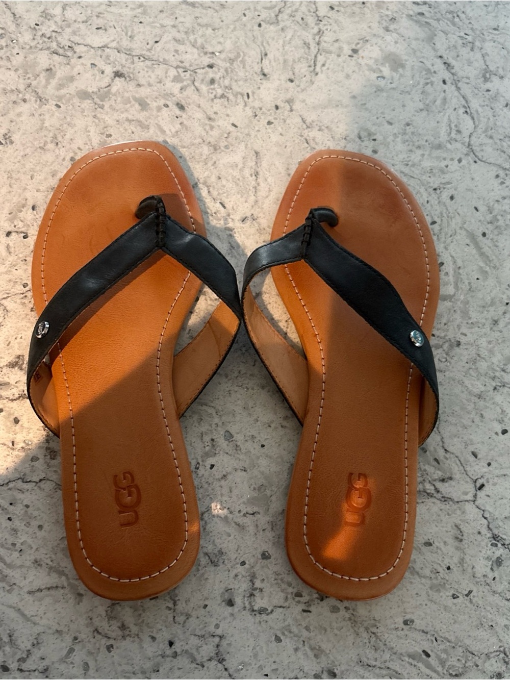 UGG Women's Black Leather Thong Sandals with Tan Footbed